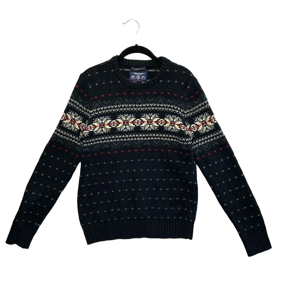 American Eagle Fair Isle Nordic Sweater Men's Sz XS Navy Rabbit Hair Retro Cabin